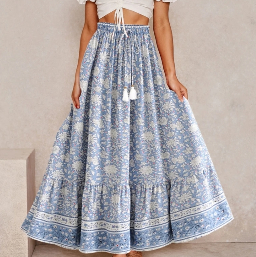 Blue Willow Floral Boho Maxi Skirt, Fall Skirt, Gypsy Skirt, Boho Hippie Skirt
